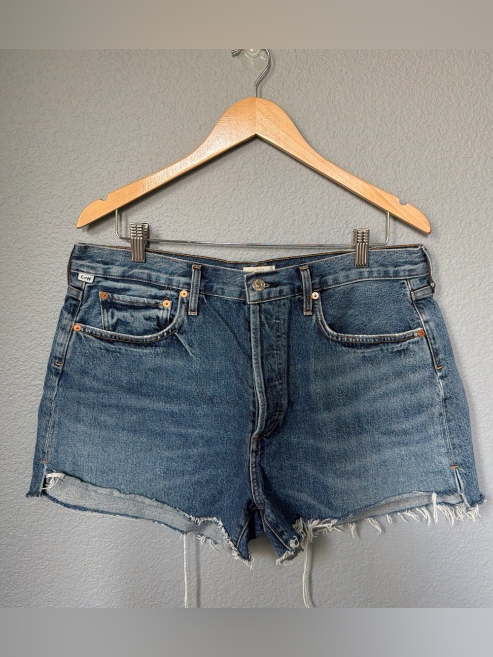 Citizens Of Humanity Distressed Mid-Blue Denim Cutoff Shorts